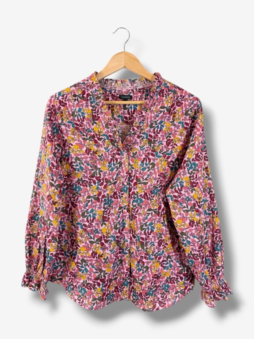 Talbots V-Neck Button Down Blouse Size L Ruffle Puff Sleeve Pink Red Floral